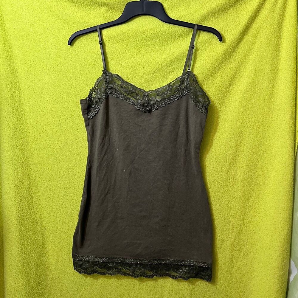 Zenana Outfitters Olive Green Lace Trim Cami Tank Top Spaghetti Straps Y2K L